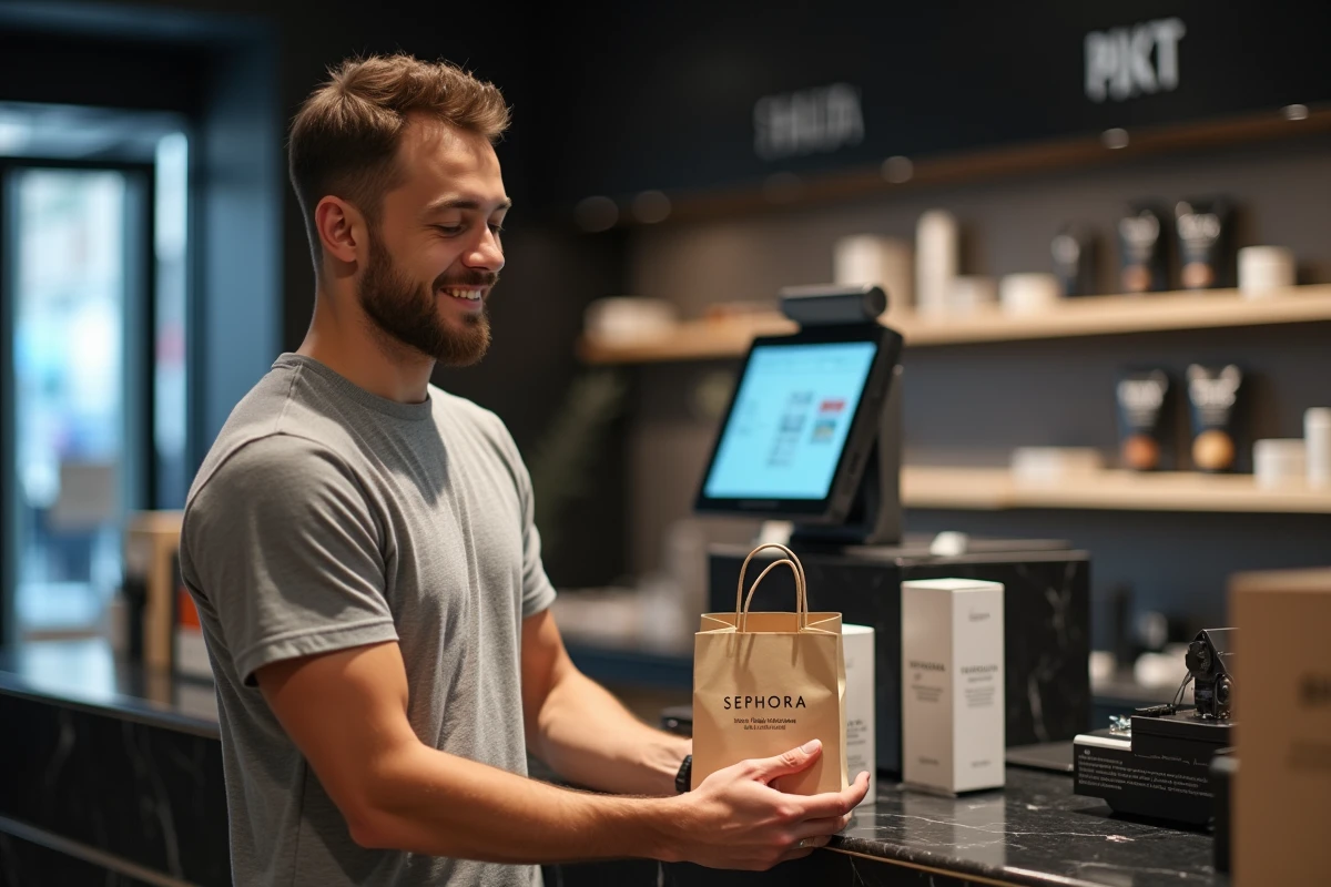 Homme tenant un sac Sephora avec un produit Typology après un achat en magasin