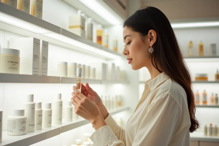Jeune femme examinant un sérum Typology dans un rayon Sephora, entourée de produits de soin minimalistes