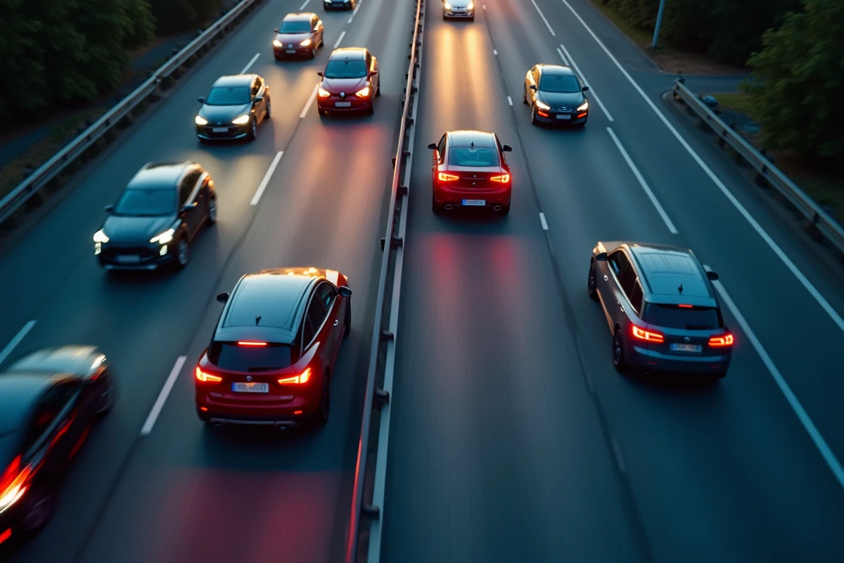 Vue aérienne d'une autoroute animée avec des véhicules hybrides et électriques modernes en circulation