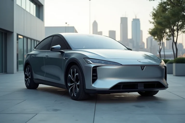 Nouvelle voiture électrique berline stationnée en milieu urbain moderne, tendances automobile 2024