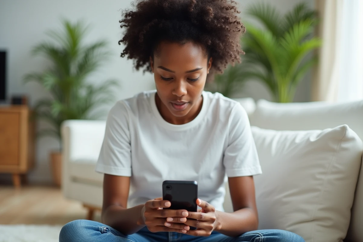 Une femme consulte une application mobile de paris sportifs Betclic sur son smartphone depuis son canapé