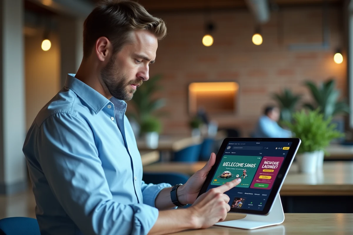 Un homme découvre l'offre de bonus sans dépôt de Betsson sur une tablette dans un espace de coworking