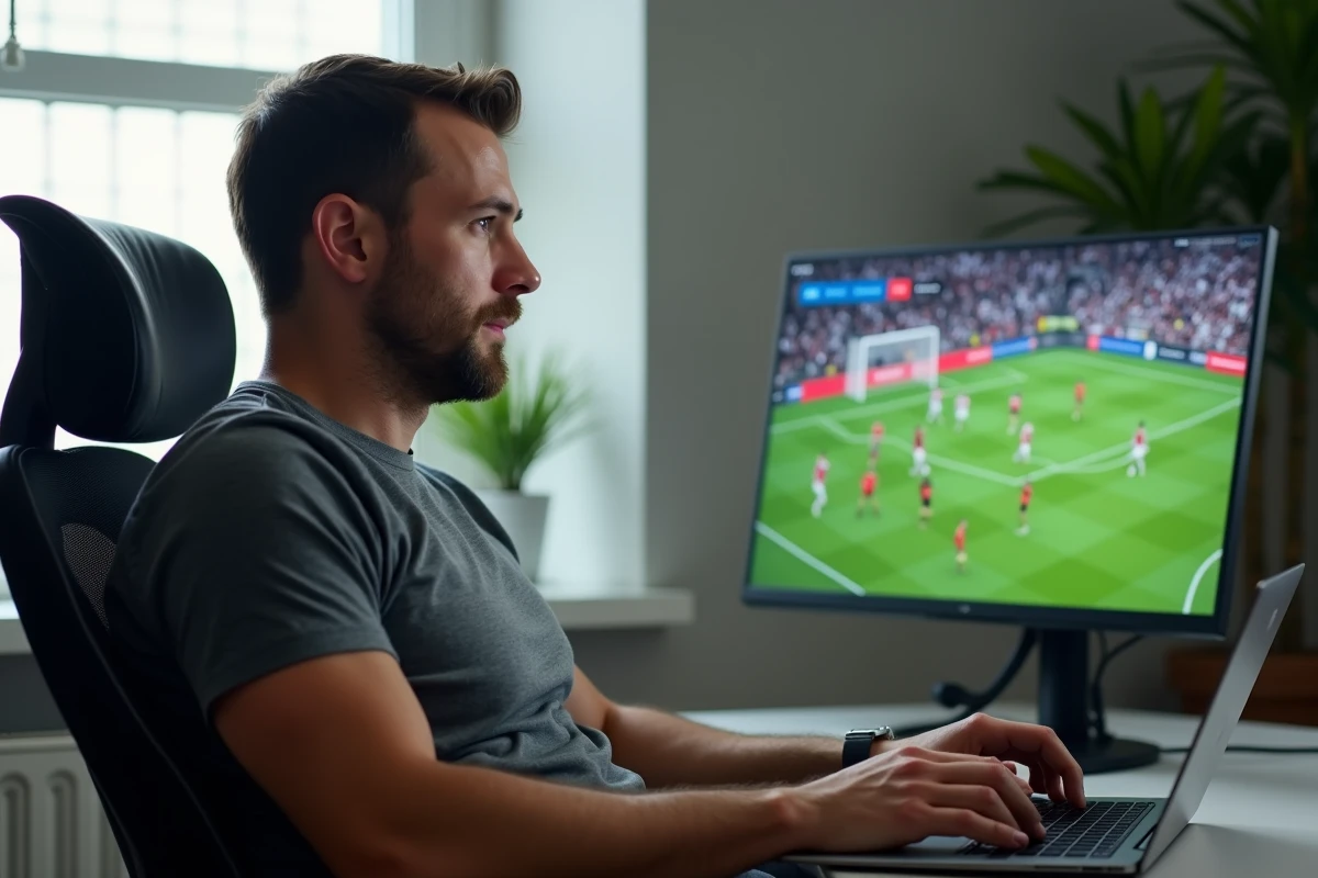 Un homme utilise la fonction cashout de Bwin tout en regardant un match en direct sur son ordinateur portable