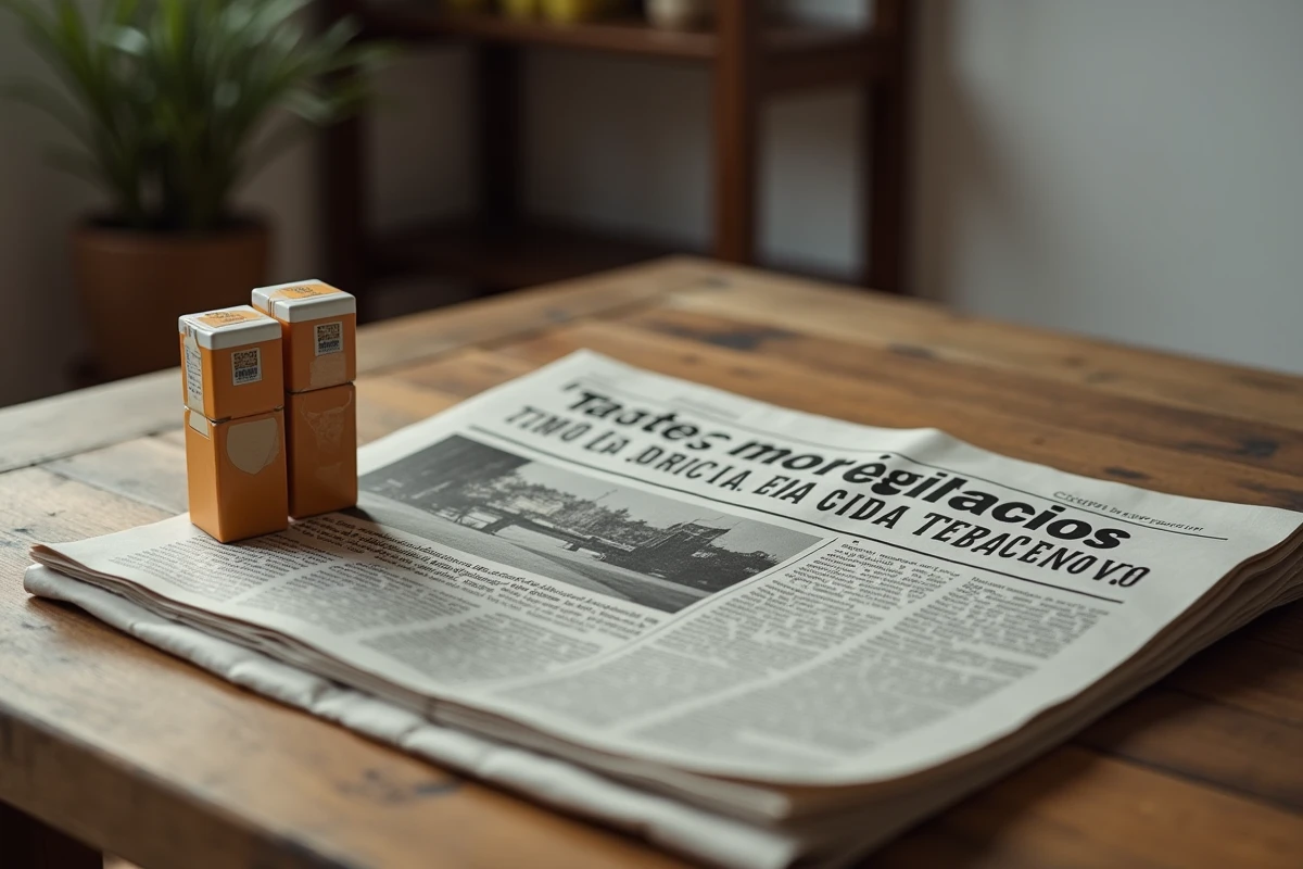 Cartouches de cigarettes et journal espagnol sur une table en bois illustrant la nouvelle loi tabac 2026