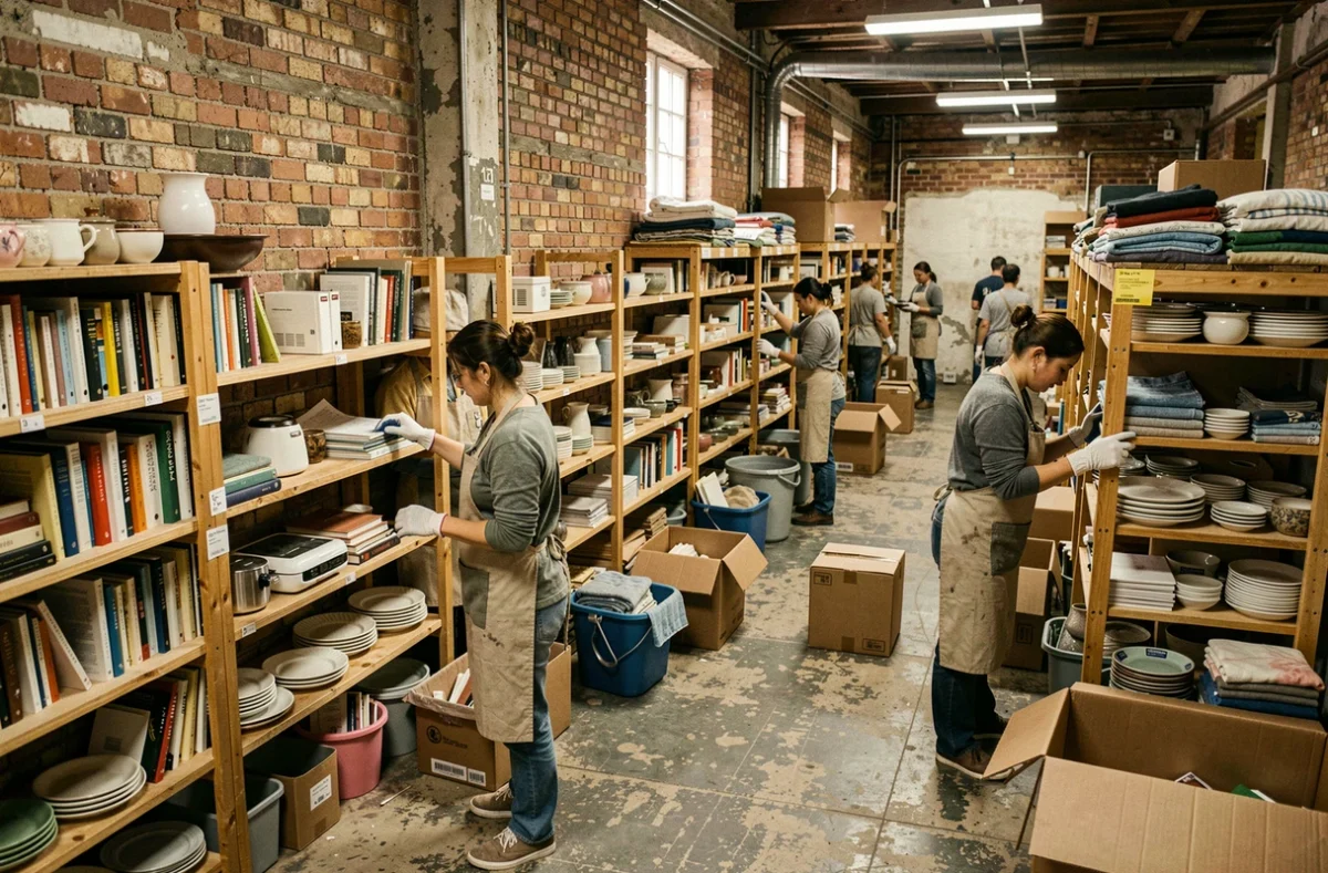 Intérieur d'un centre de tri associatif avec des bénévoles qui organisent des objets récupérés sur des étagères