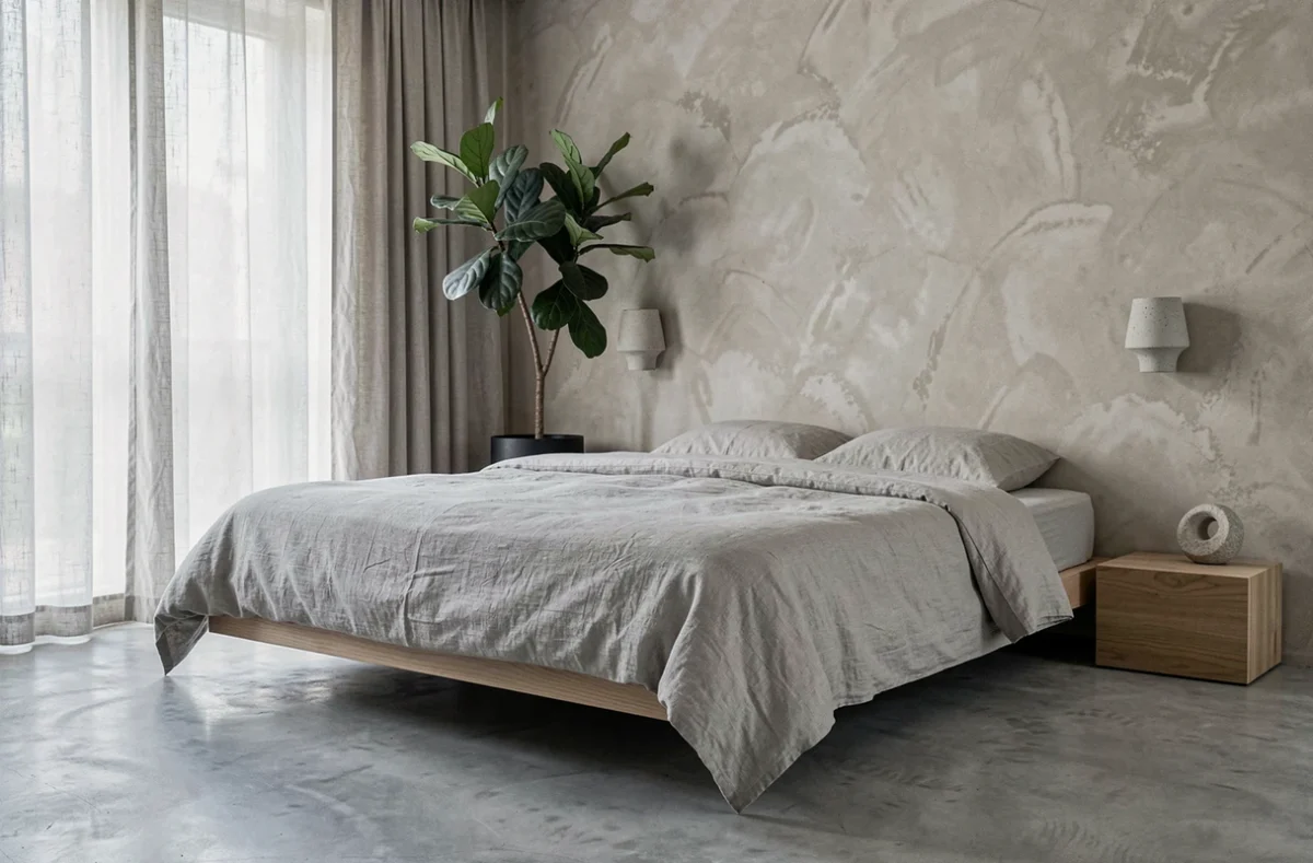 Chambre japandi avec lit bas en lin gris, mur en chaux greige et plante sculptural dans un pot noir mat