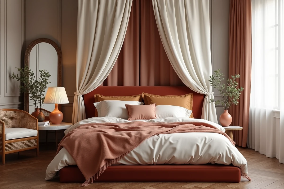Chambre tendance maximaliste avec tête de lit en velours rouille, literie en lin superposé et fauteuil en rotin près d'une table en marbre avec vase terracotta et lampe à abat-jour plissé