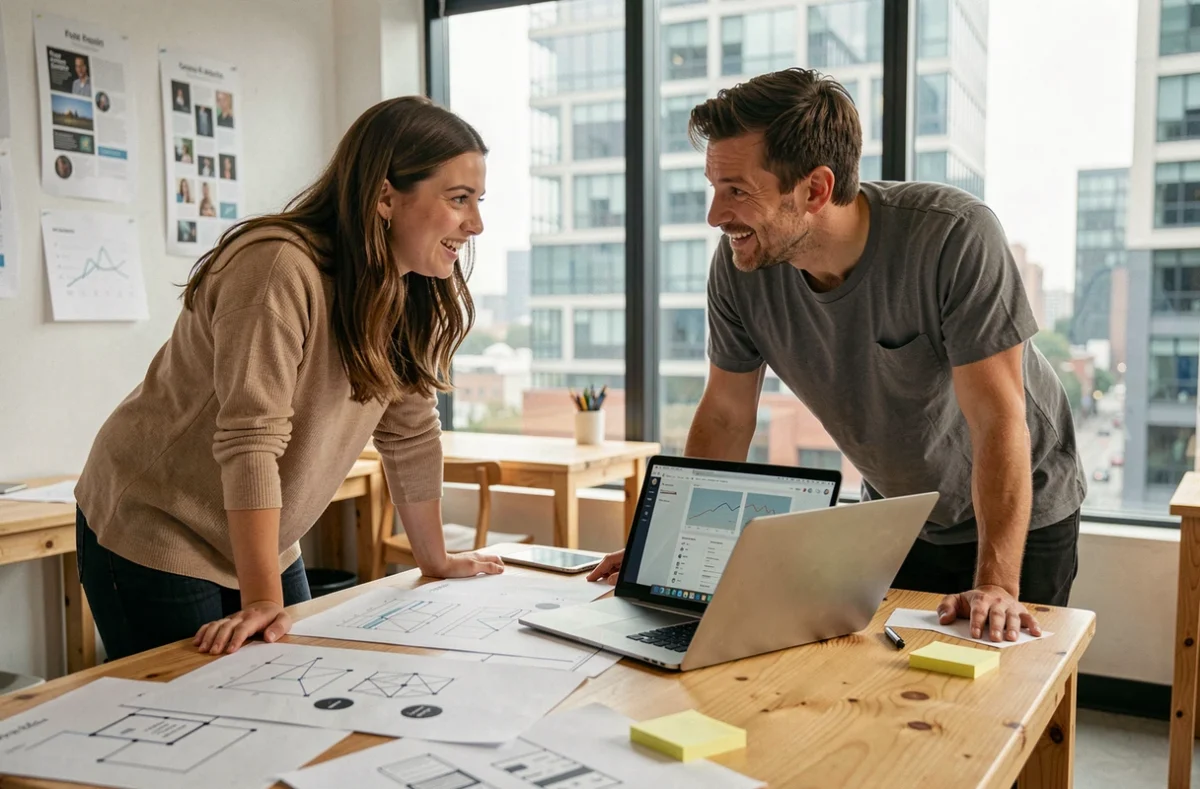 Deux collègues analysant les nouvelles tendances du web et du design numérique dans un studio de startup