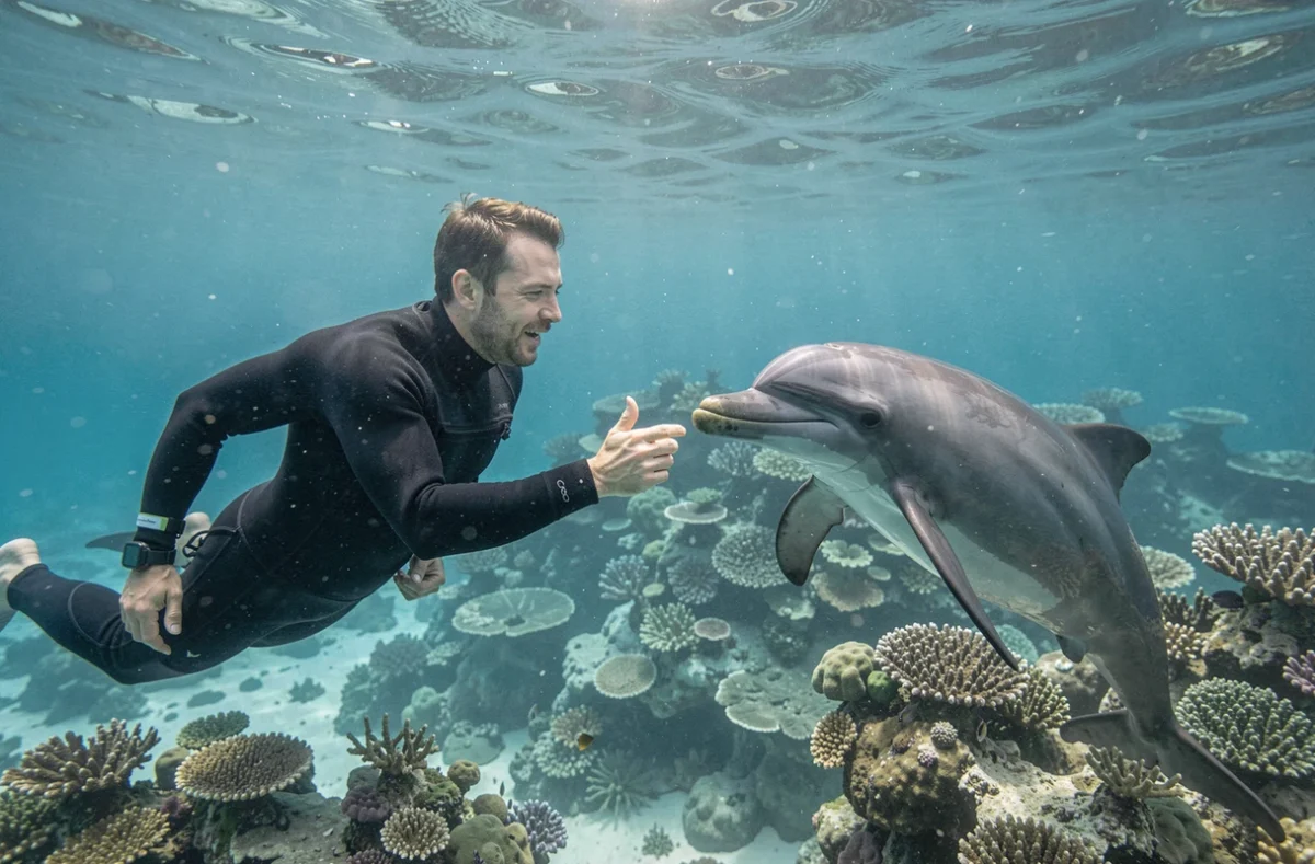 Biologiste marin interagissant avec un dauphin sauvage sous l'eau, symbolisant les avancées de la communication entre l'homme et l'animal