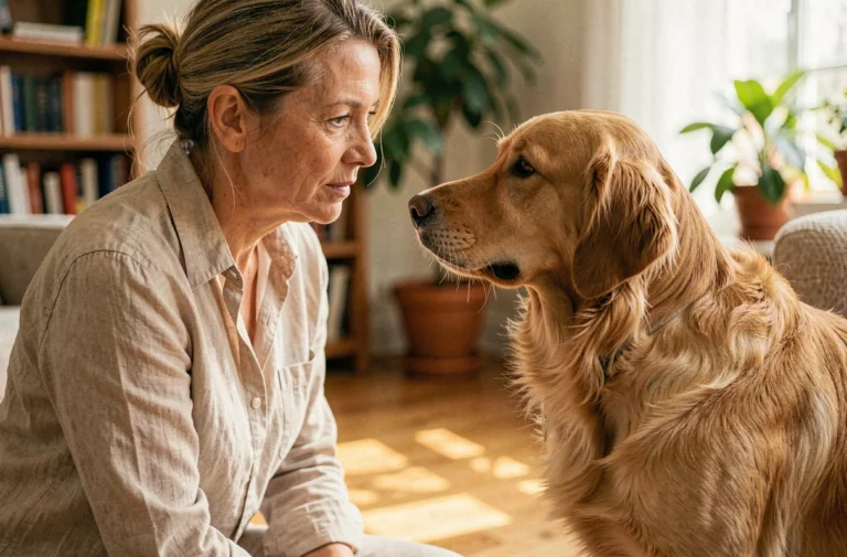 Femme en communication silencieuse avec son golden retriever dans un salon chaleureux, illustrant le lien profond entre humain et animal