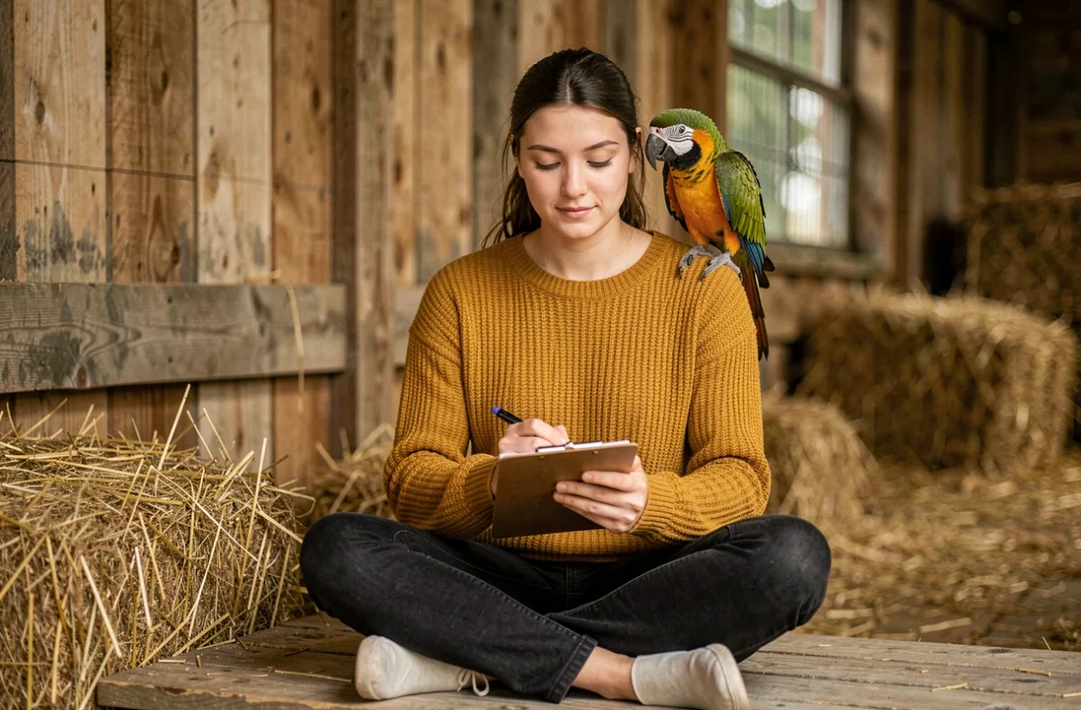Jeune femme chercheuse observant un perroquet dans un sanctuaire animalier, explorant les codes de communication entre humains et oiseaux