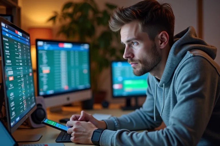 Un homme compare plusieurs sites de paris sportifs sur laptop, smartphone et tablette dans un bureau moderne