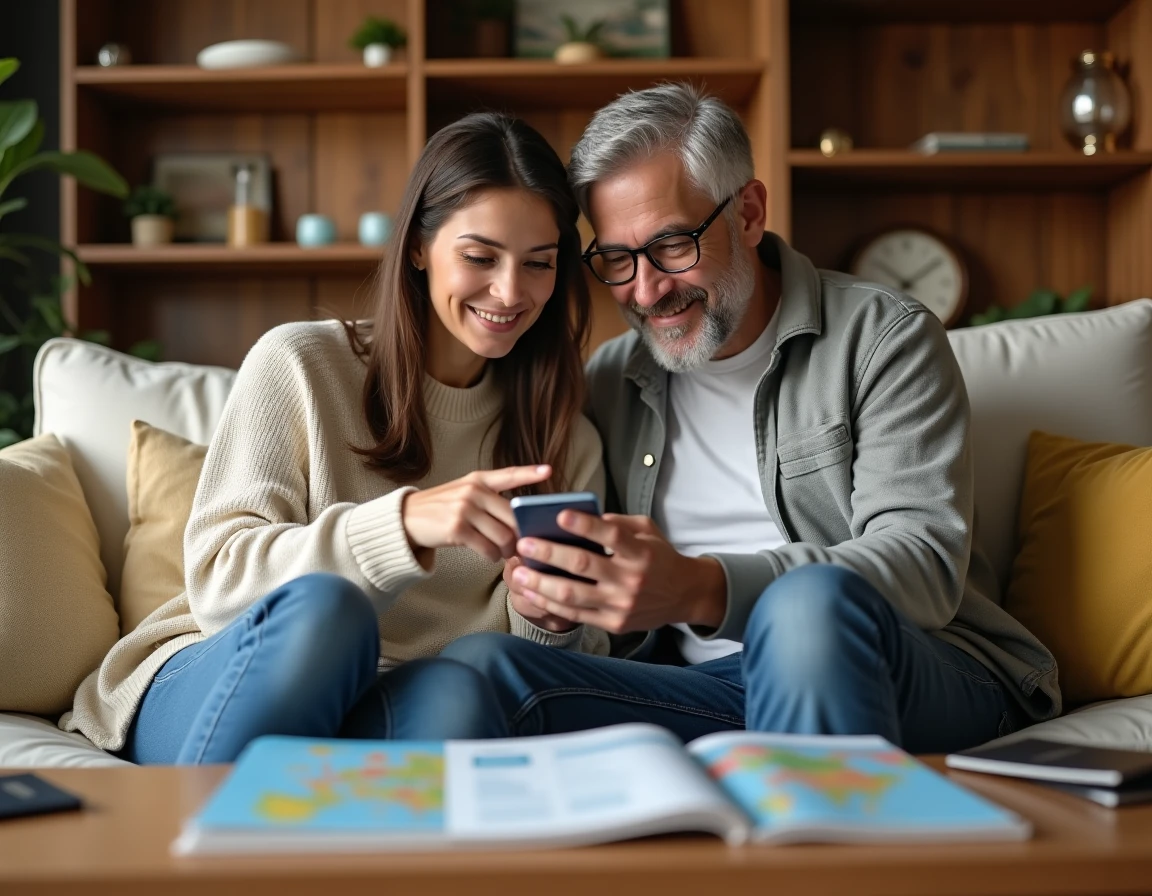 Couple vérifiant leur attestation d'assurance villégiature sur smartphone avant leurs vacances