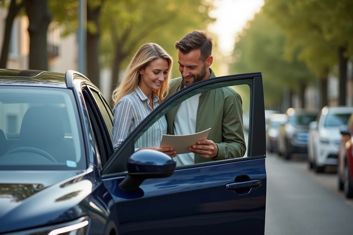 Couple examinant une brochure d'assurance auto devant leur SUV dans une rue résidentielle