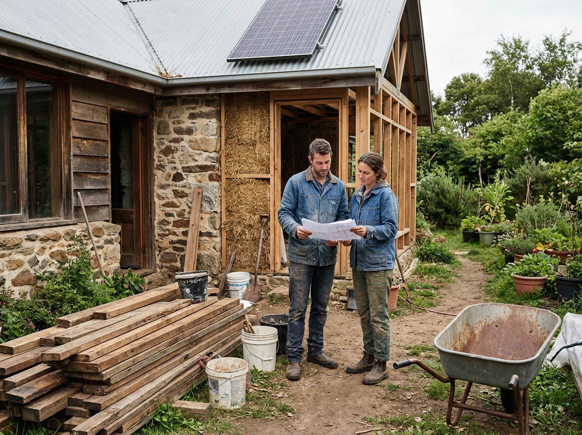 Couple devant maison eco-responsable avec outils de renovation