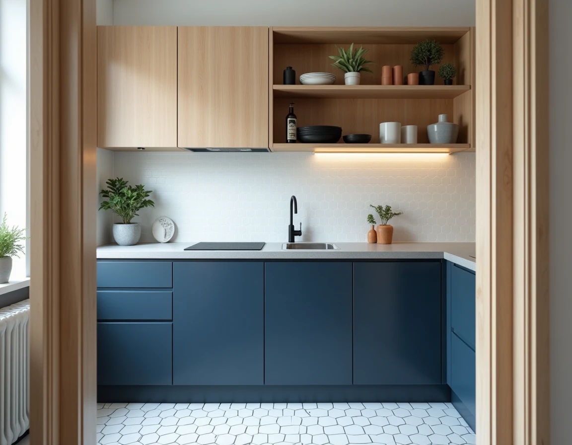 Cuisine rénovée avec nouvelles portes bleu marine et étagères en bois clair, résultat d'un remplacement de portes sans travaux lourds