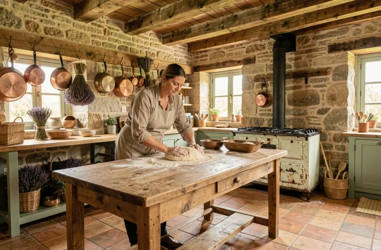Femme pétrissant de la pâte dans une cuisine rustique de maison de campagne française avec murs en pierre et poutres en bois
