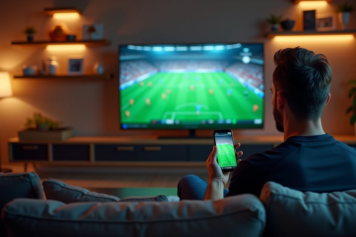 Un homme parie sur DAZN Bet depuis son smartphone tout en regardant un match en direct sur sa télévision