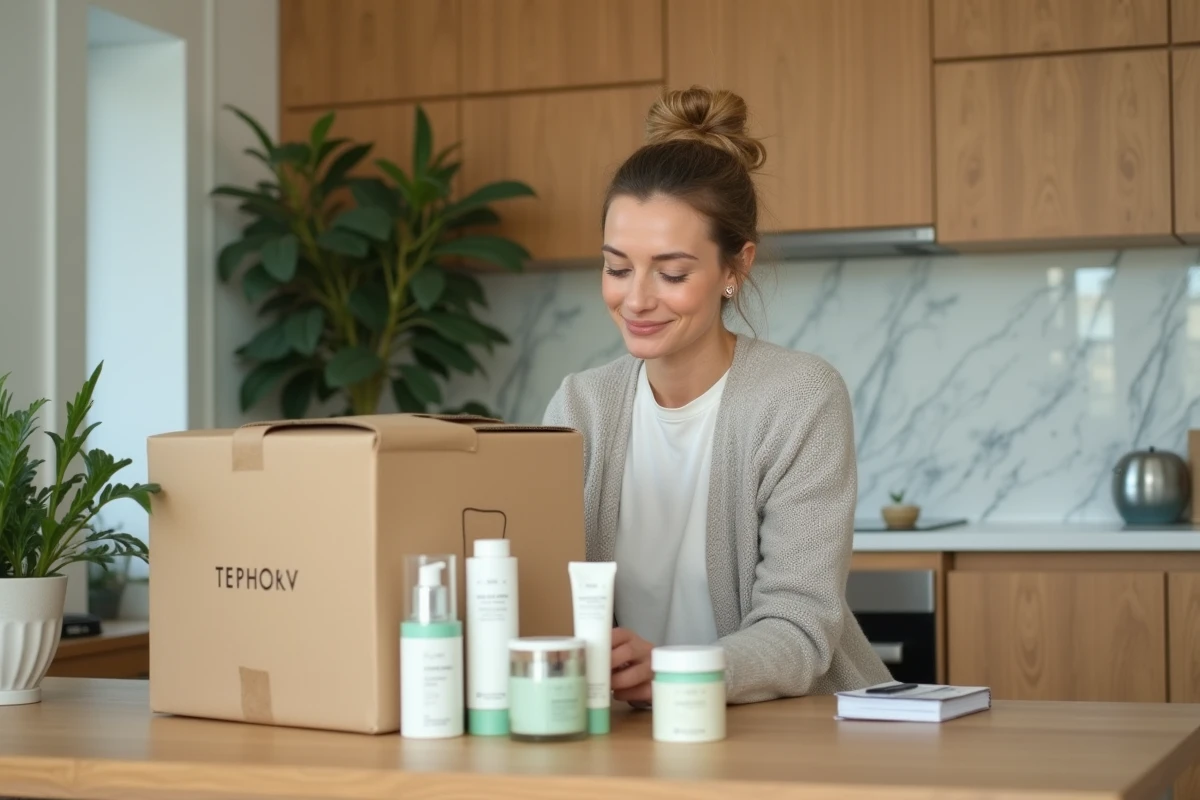 Femme déballant une commande en ligne Sephora avec des produits Typology sur une table en bois