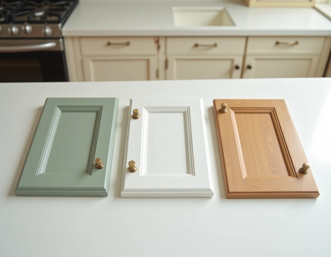 Comparaison d'échantillons de portes de cuisine modernes en bois, blanc mat et vert sauge posés sur un plan de travail pour rénovation