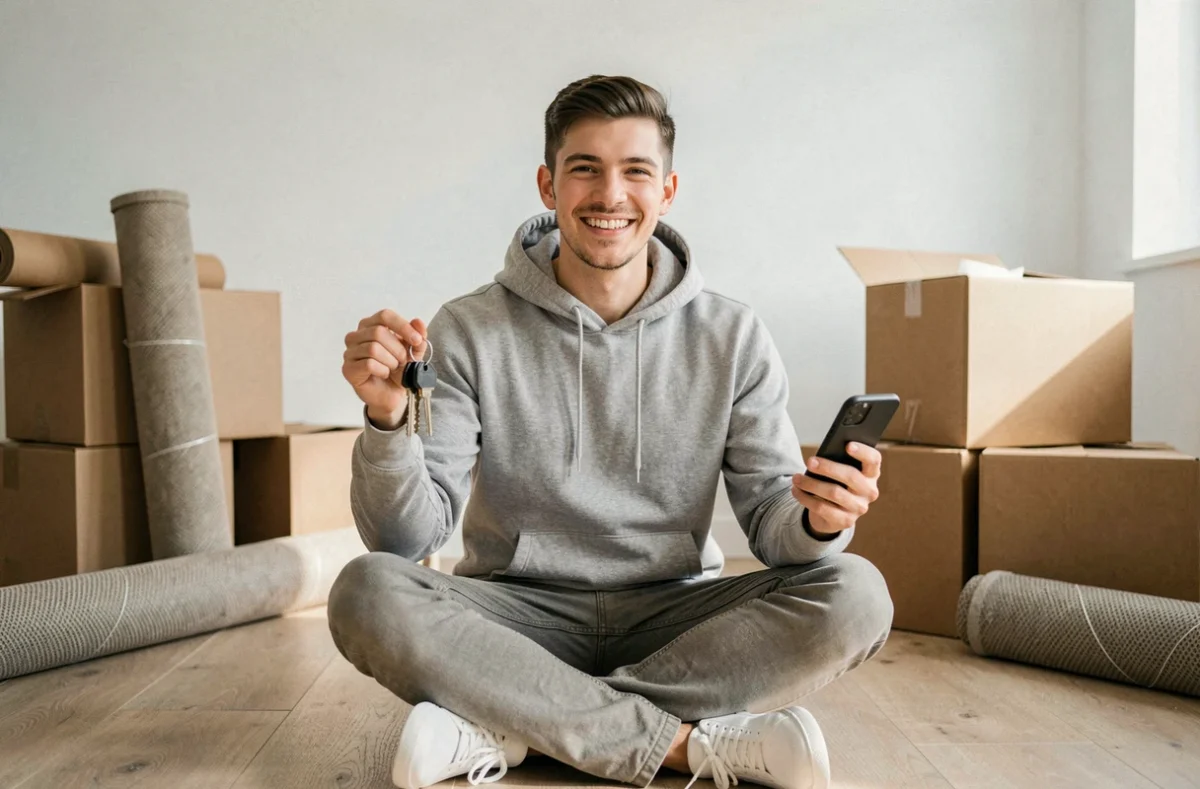 Jeune locataire emménageant dans son nouvel appartement avec ses clés et ses cartons