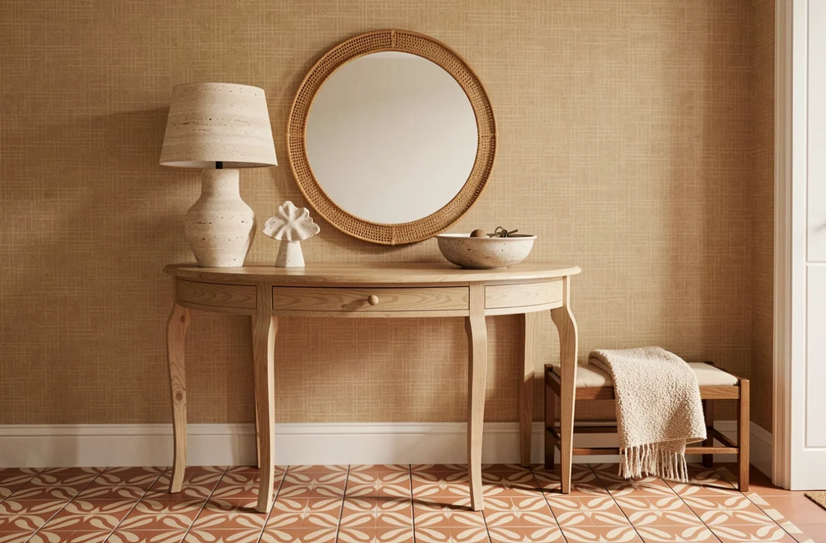 Entrée de maison décorée avec une console en chêne blanchi, un miroir en rotin et des carreaux de ciment terracotta dans un style tendance