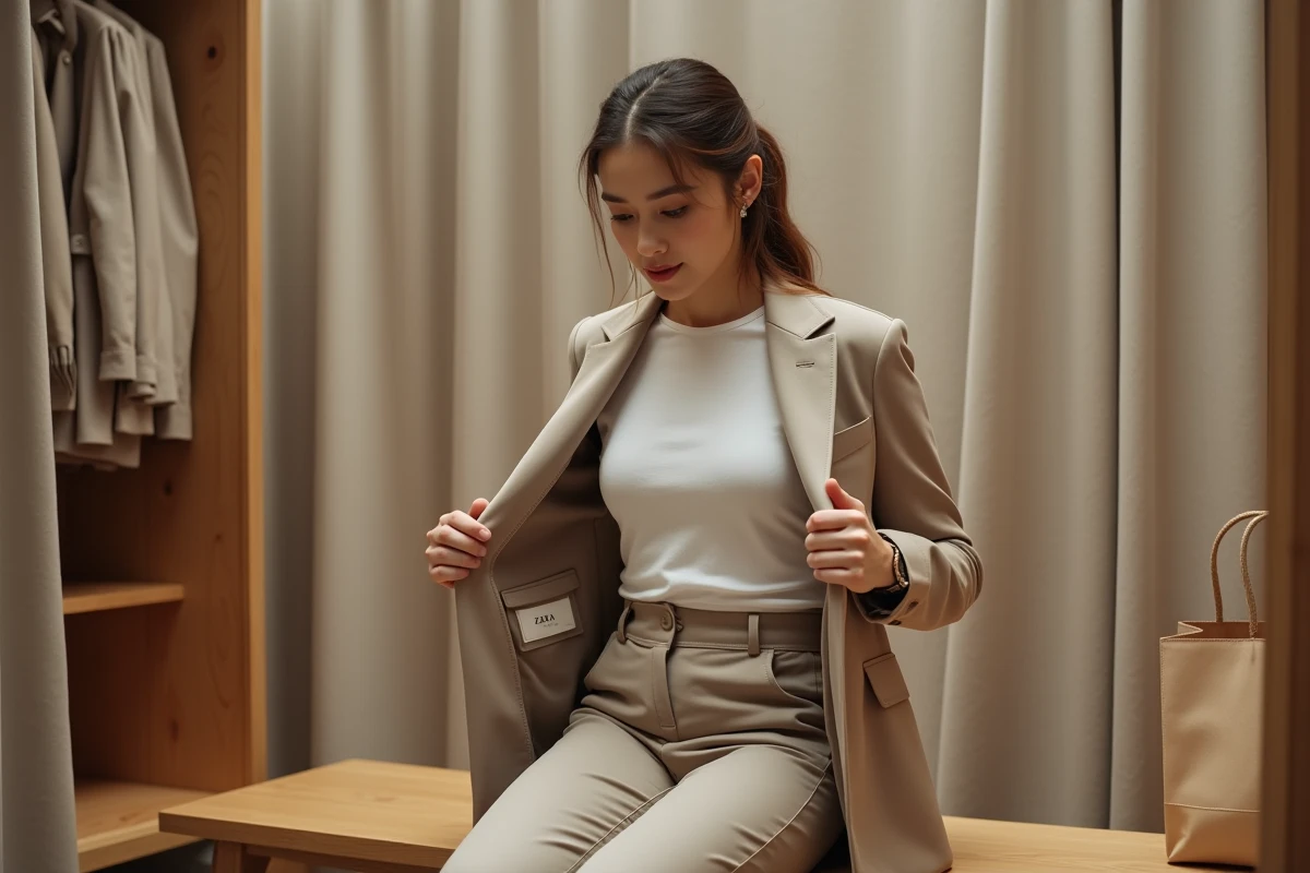 Femme lisant l'étiquette de taille à l'intérieur d'un blazer Zara dans une cabine d'essayage