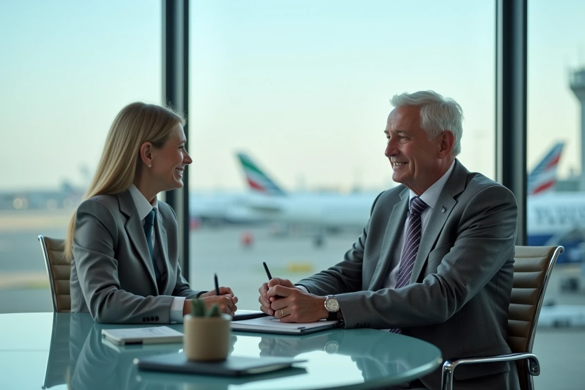 Responsable aérien en réunion avec avions en arrière-plan