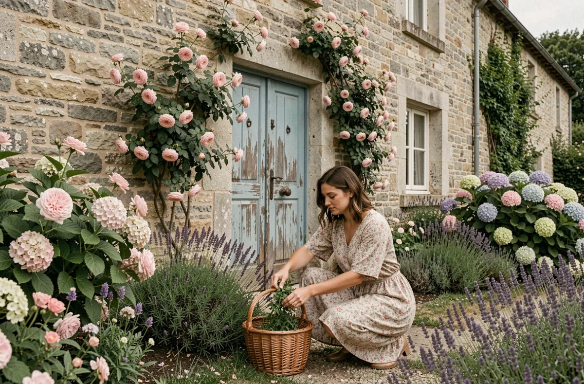 Façade d'une maison de campagne en pierre entourée d'un jardin fleuri sauvage avec une jeune femme cueillant des herbes