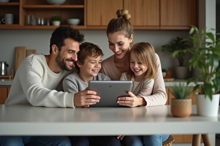 Famille souriante autour d'une table de cuisine moderne