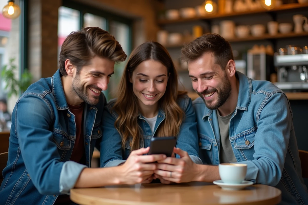 Un groupe de personnes consulte ensemble les pronostics communautaires de Feelingbet dans un café
