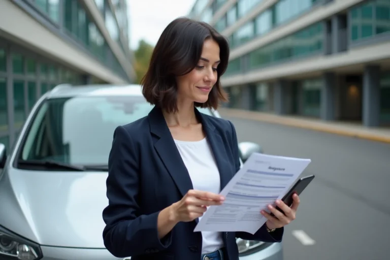 Femme comparant des offres d'assurance auto à côté de sa voiture dans un parking urbain