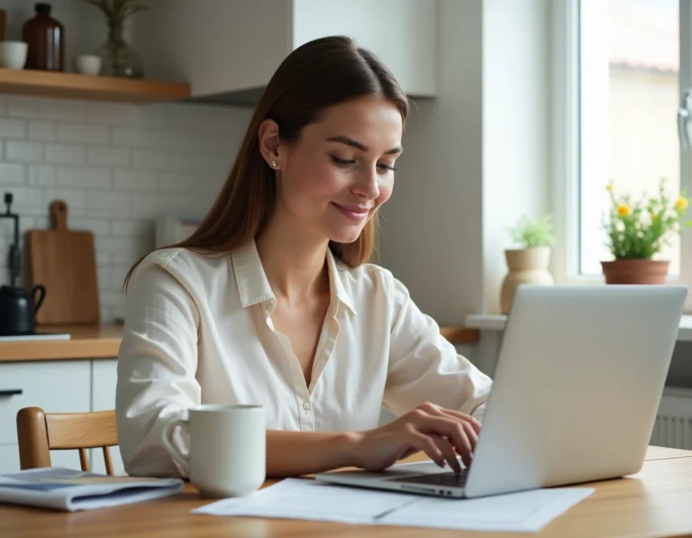 Femme obtenant une attestation d'assurance villégiature en ligne sur son ordinateur portable depuis chez elle