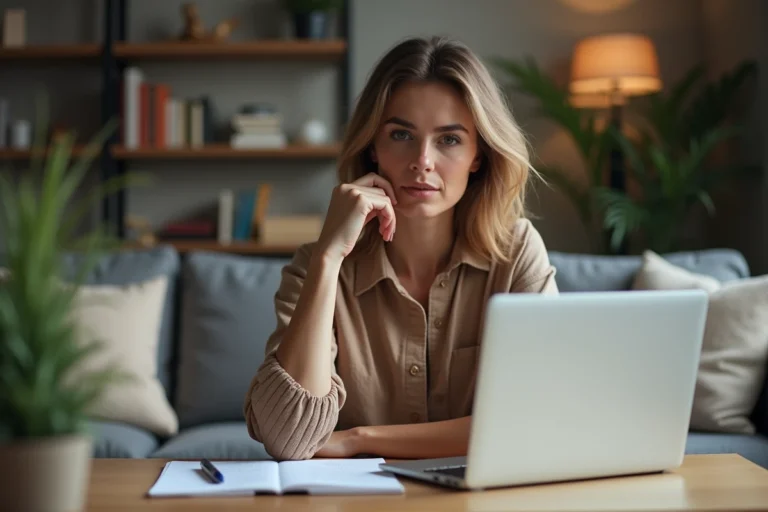 Femme en télétravail dans un salon moderne et cosy