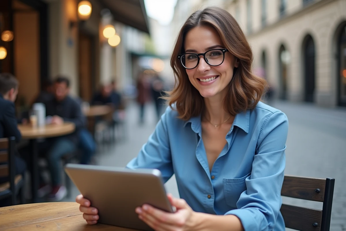 Femme au café utilisant une tablette en extérieur