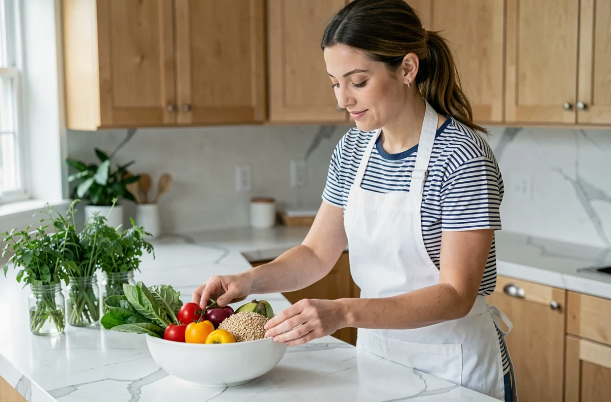 Femme préparant un repas sain et équilibré dans une cuisine moderne pour prendre soin de sa santé