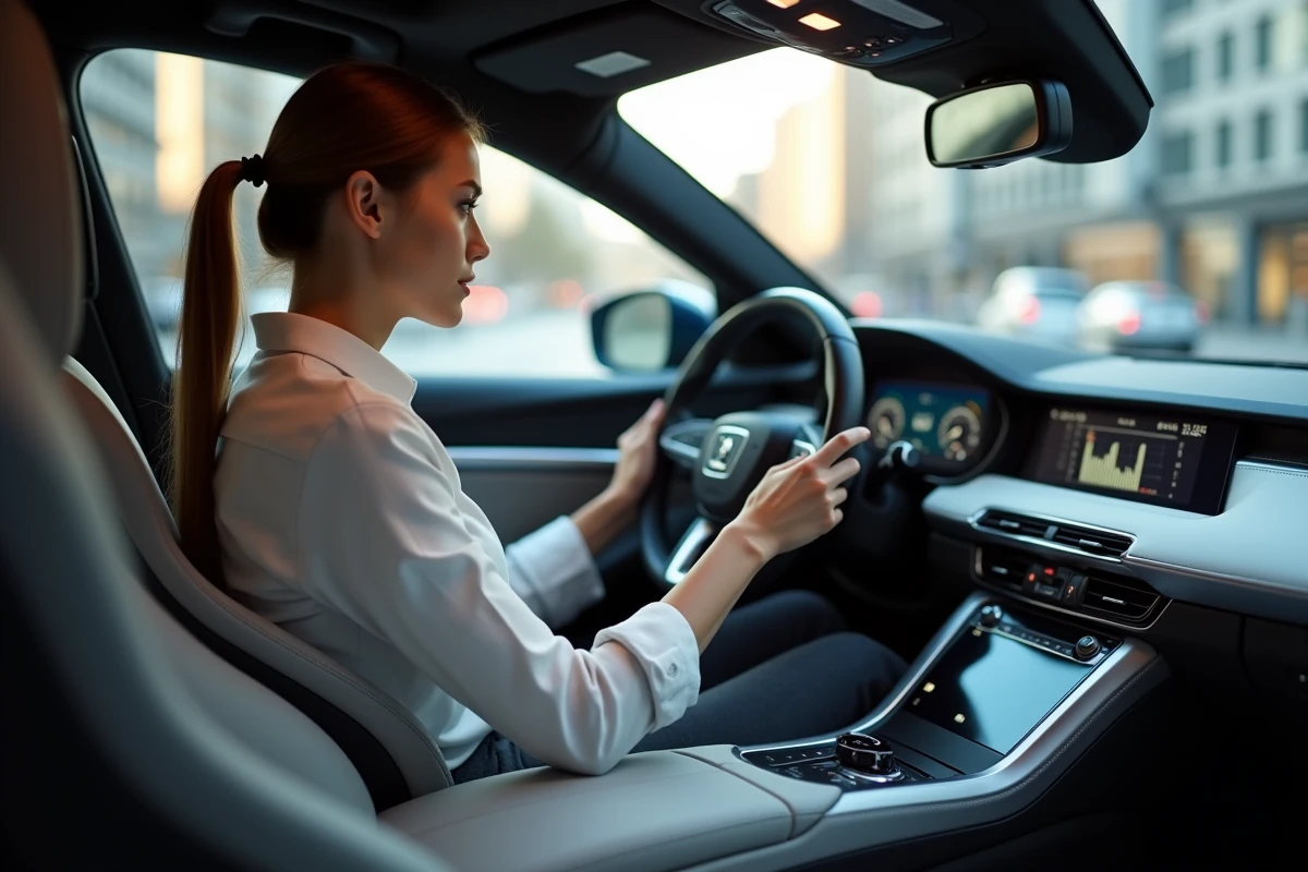 Femme dans voiture de luxe utilisant un tableau de bord hightech