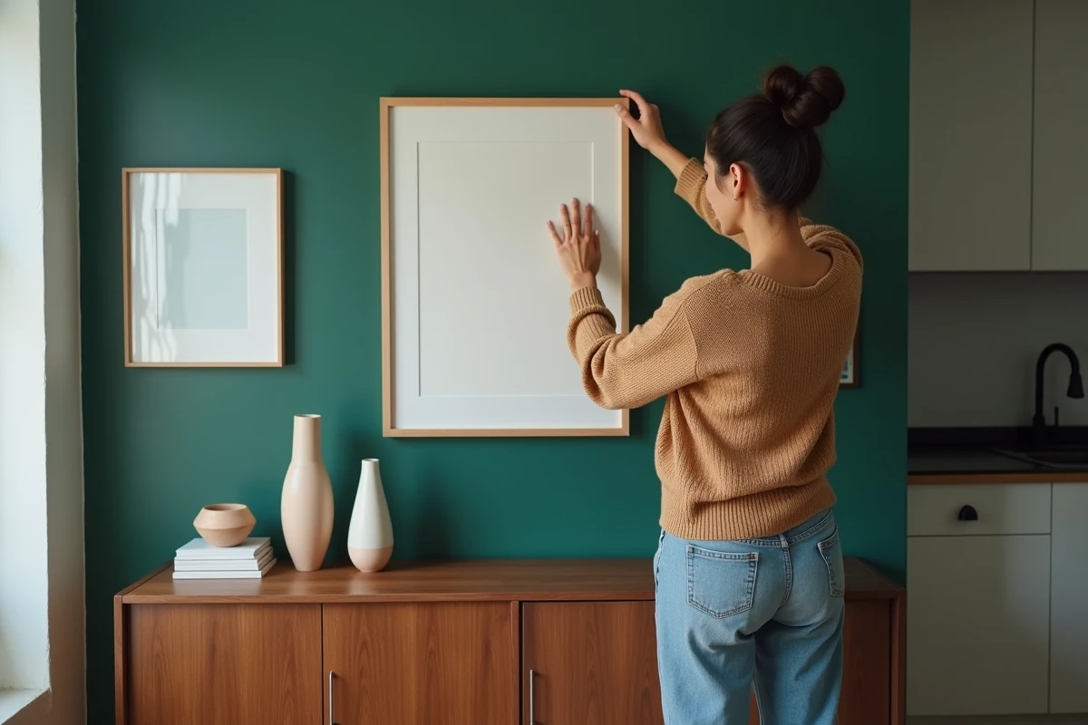 Femme décorant un mur vert forêt avec des cadres dans un appartement contemporain, buffet en noyer avec objets céramiques et livres de design