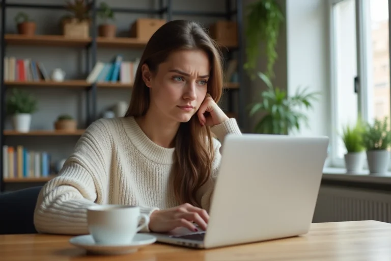 Jeune femme frowning devant son ordinateur portable