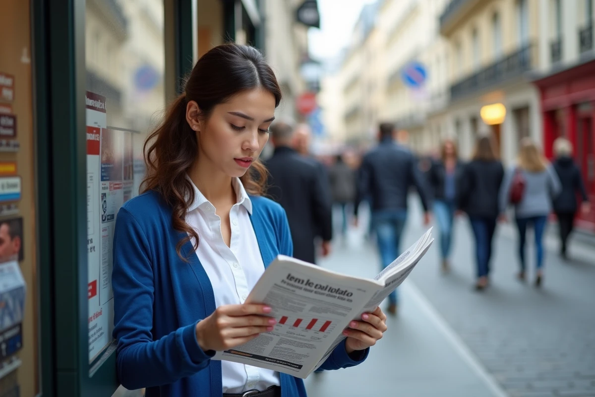 Jeune femme lisant un journal financier à Paris