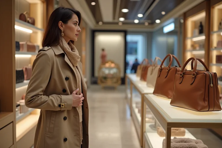 Femme élégante examine sacs à main de luxe en boutique