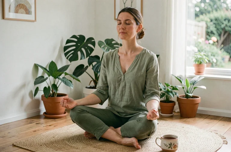 Femme pratiquant la méditation chez elle entourée de plantes vertes pour le bien-être et la santé