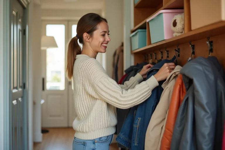 Femme organisée dans l'entrée de la maison avec manteaux et sacs
