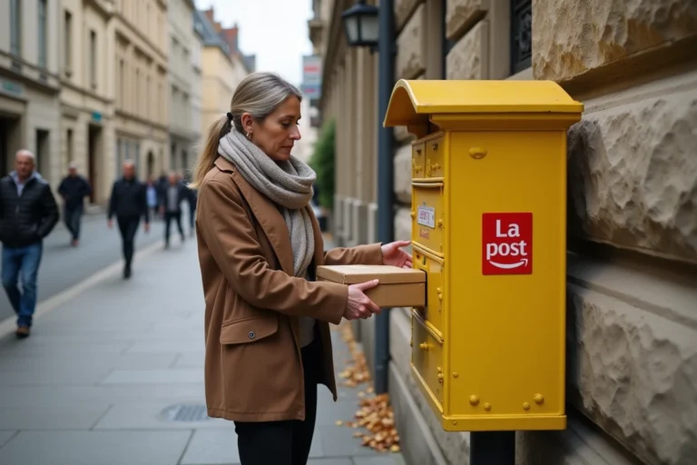 Femme déposant une lettre dans une boîte aux lettres jaune