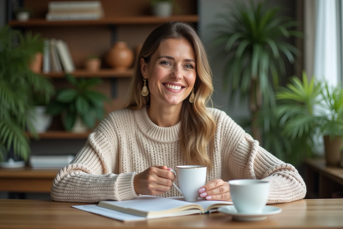Femme souriante avec tasse de thé dans un intérieur chaleureux