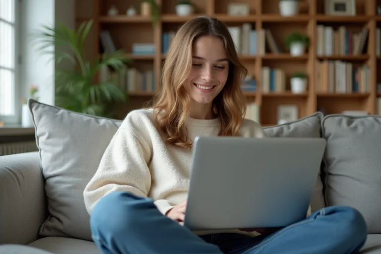 Jeune femme souriante sur un sofa avec un ordinateur portable