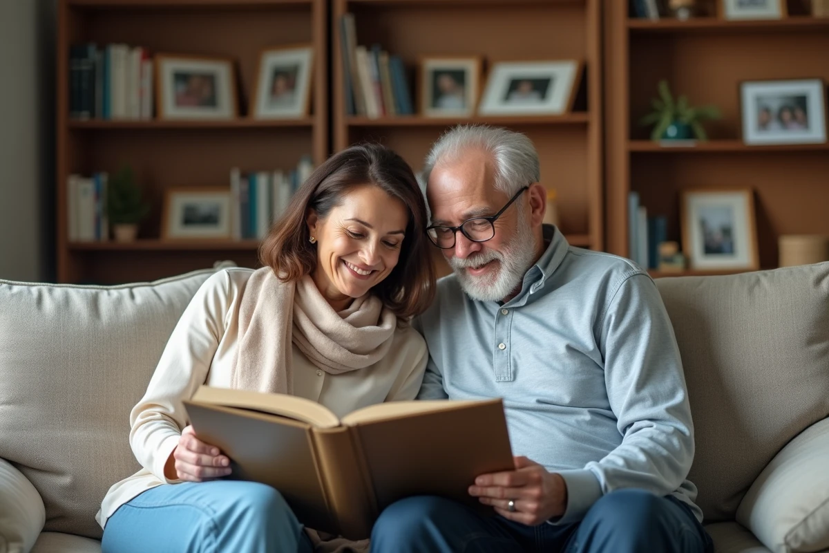 Femme souriante regardant un album photo en intérieur