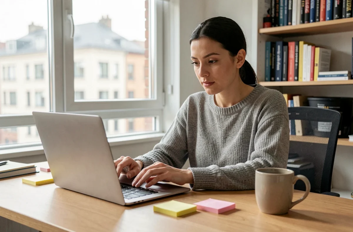 Femme consultant les dernières tendances informatiques sur un ordinateur portable dans un bureau moderne à domicile