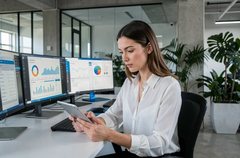 Femme professionnelle explorant les dernières tendances technologiques sur tablette dans un bureau moderne connecté