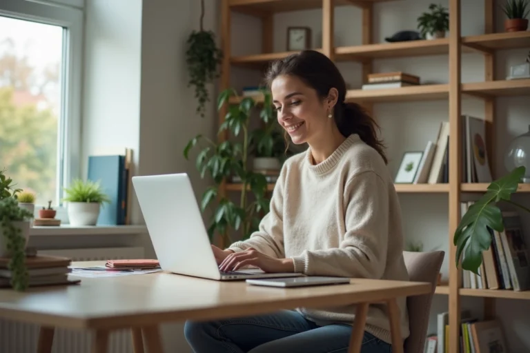 Femme assise à son bureau à domicile en train de naviguer sur un site d'emploi